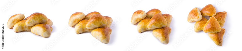 set of fresh, baked sugar buns isolated on white background, sugar sprinkled on top, shot in different angles