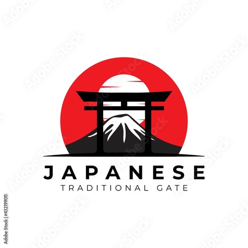 torii gate logo with fuji mountain japanese culture vector illustration design