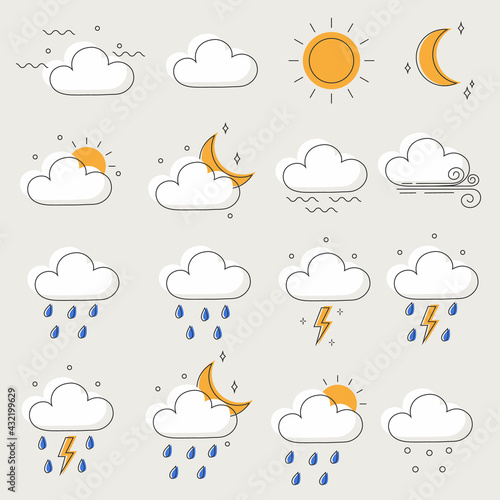 Set of colored vector icons of weather and meteorology. Seasonal weather forecast, weather report. Forecast of the state of the atmosphere. photo
