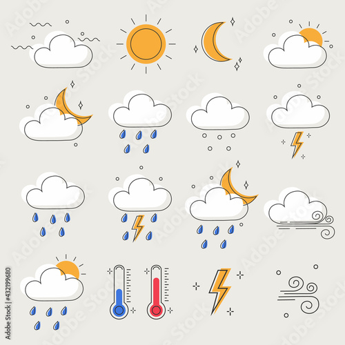 Set of colored vector icons of weather and meteorology. Seasonal weather forecast, weather report. Forecast of the state of the atmosphere.