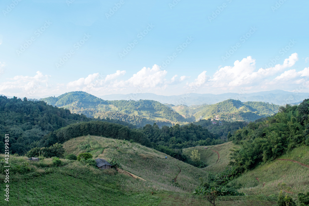 Beautiful landscape view of green mountain and sky background