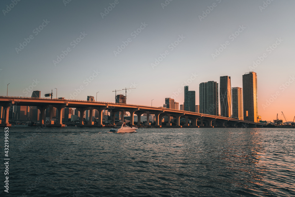 bridge at sunset in Miami Florida usa boat