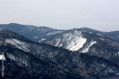 Snow capped mountains and taiga