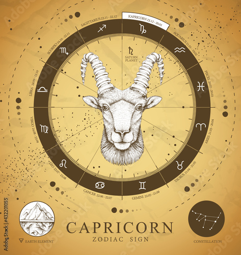 Vintage magic witchcraft card with astrology Capricorn zodiac sign. Realistic hand drawing ram or mouflon head. Zodiac characteristic