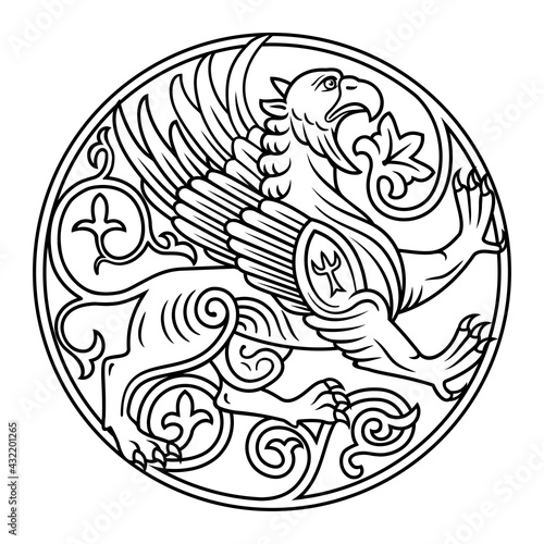 Griffin depicted in a ring. Heraldic symbol, stamp. Vector clipart. All parts are available for coloring.
