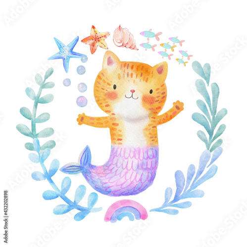 Cute Watercolor Meow-maid Purr-maid Cat Mermaid. Little Kitty Mermaid in a Kiddish Style photo