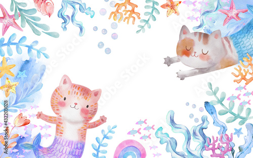 Underwater Watercolor Background with Cat-Mermaid, Purrmaid, Seaweeds, fish. starfish corals, rainbow, shells sea elements. Cartoon kids illustration