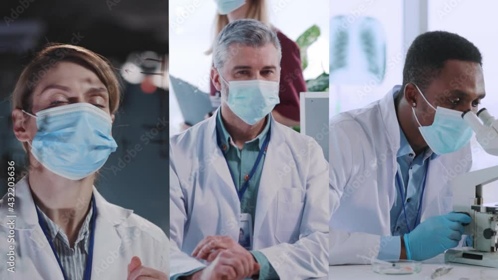 Multi-screen vertical shot of diverse caucasian and african american doctors wearing masks and white laboratory coats discovering coronavirus disease treatment. Multi-screen vertical shot of diverse caucasian and african american doctors wearing masks and white laboratory coats discovering coronavirus disease treatment.