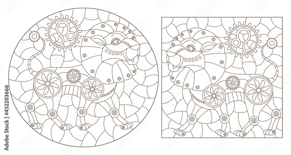 Set of contour illustrations in the style of stained glass with steam punk signs of the zodiac leo, dark contours on a white background