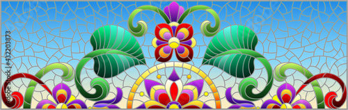 Illustration in stained glass style with abstract flowers, leaves and curls on a blue background, rectangular horizontal image