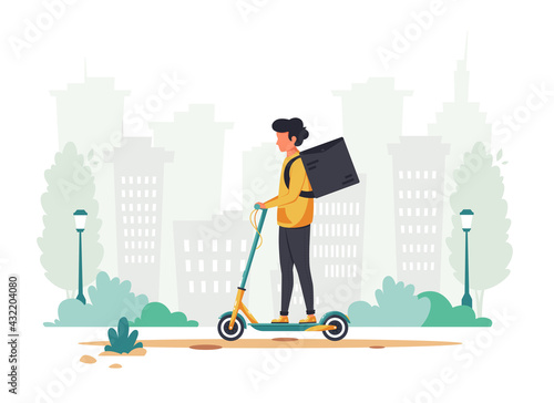 Delivery service. Courier character riding by electrical scooter. Eco transport concept. Vector illustration