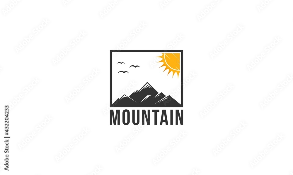 mountain logo with beautiful sun and flying birds