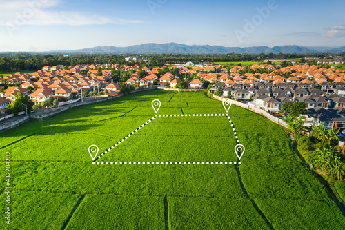 Land plot in aerial view. Gps registration survey of property, real estate for map with location, area. Concept for residential construction, development. Also house for sale, buy, investment. photo