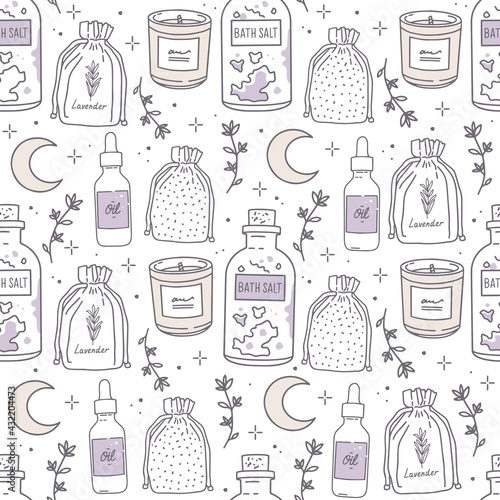 Vector seamless pattern. Outline drawing, sketch. Bath salt, herbal bags, essential oil in a bottle with a dropper and an aroma candle. Sprigs of plants, the moon. Night routine, relaxation, skin care