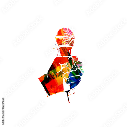 Colorful musical promotional poster with hand holding microphone isolated vector illustration. Artistic background for live concert events, music festivals and shows, karaoke and party flyer template