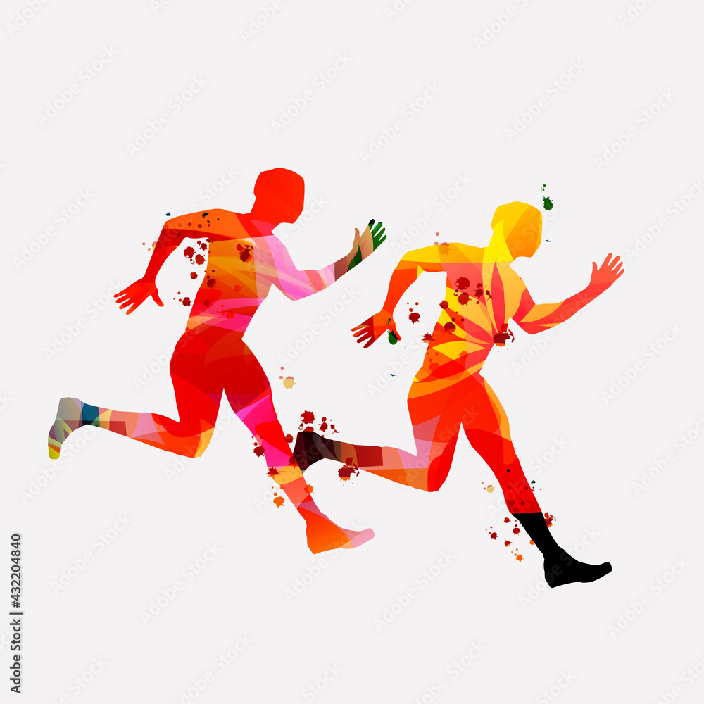 Obraz premium Running people, marathon race poster vector illustration. Jogging active people, fitness training, sport training design for banner, event promo material, flyer