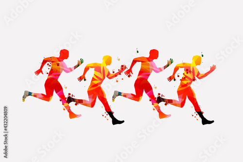 Running people  marathon race poster vector illustration. Jogging active people  fitness training  sport training design for banner  event promo material  flyer