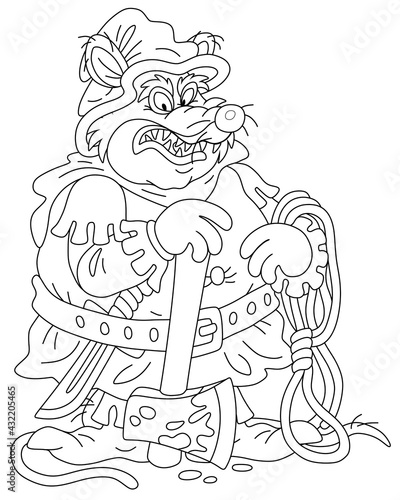 Malicious and pitiless fat rat executioner with an ax and a rope preparing for penalty, black and white outline vector cartoon illustration for a coloring book page