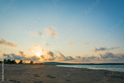 Fototapeta Naklejka Na Ścianę i Meble -  Black Sea beach landscape in Turkey at sunset - beautiful sunset beach  of the Black Sea in Sinop, Turkey