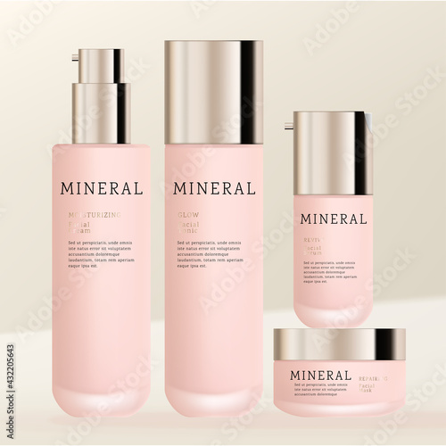Vector Frosted Glass Cosmetic or Skincare Packaging Bundle with Pump Bottle, Screw Cap Bottle, Jar and Serum Pump Bottle. Pink and Gold.