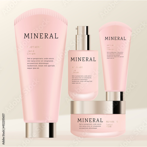 Vector Frosted Glass Cosmetic or Skincare Packaging Bundle with Round Sealing Cleanser or Cream Tube, Jar and Serum Pump Bottle. Pink and Gold.