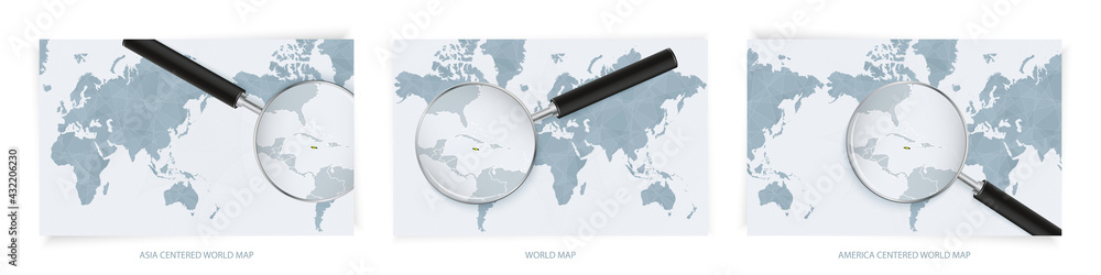 Fototapeta premium Blue Abstract World Maps with magnifying glass on map of Jamaica with the national flag of Jamaica. Three version of World Map.
