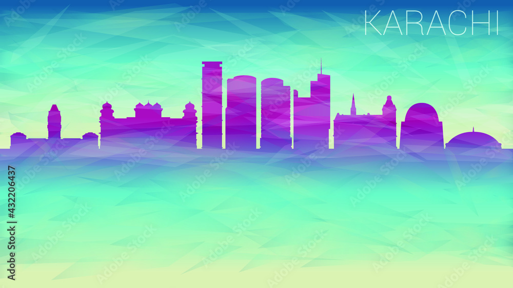 Fototapeta premium Karachi Pakistan City Skyline Vector Silhouette. Broken Glass Abstract Geometric Dynamic Textured. Banner Background. Colorful Shape Composition.
