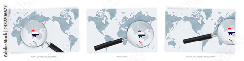 Blue Abstract World Maps with magnifying glass on map of Thailand with the national flag of Thailand. Three version of World Map.