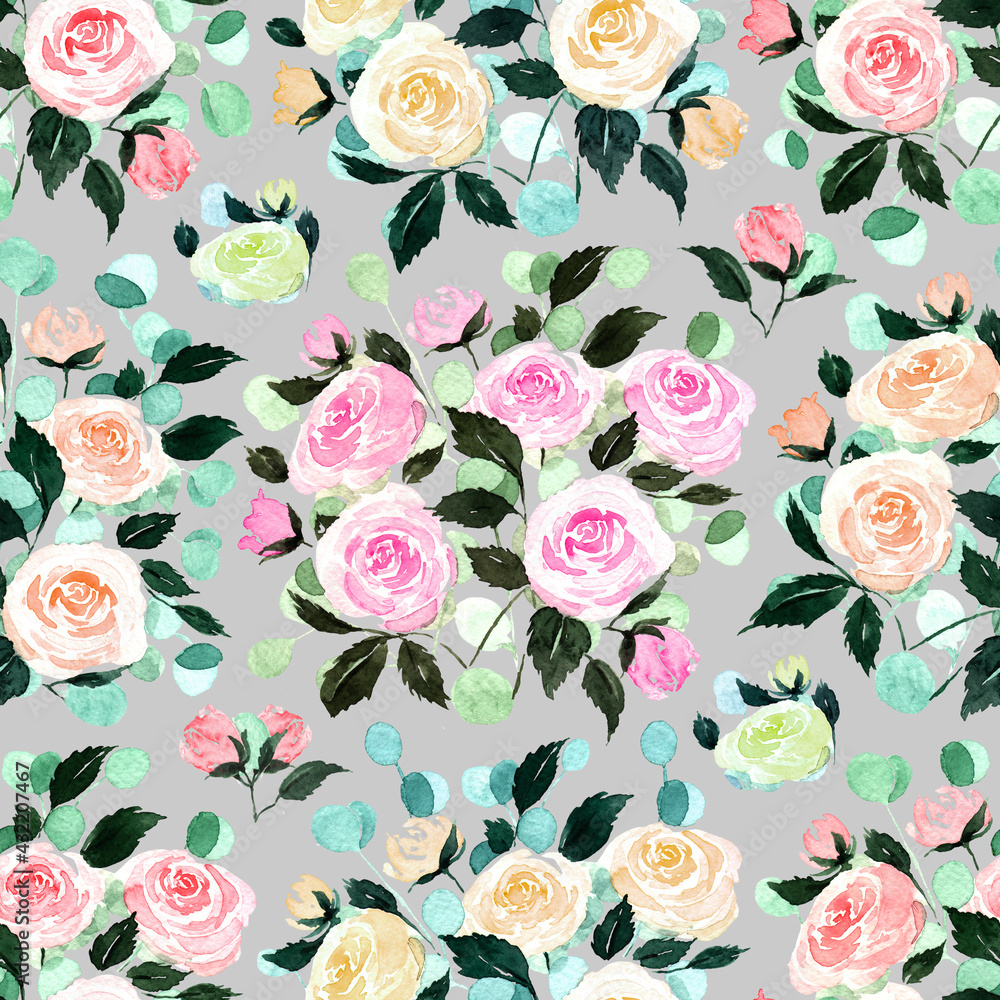 Naklejka premium seamless pattern of multicolored roses on a gray background painted in watercolor
