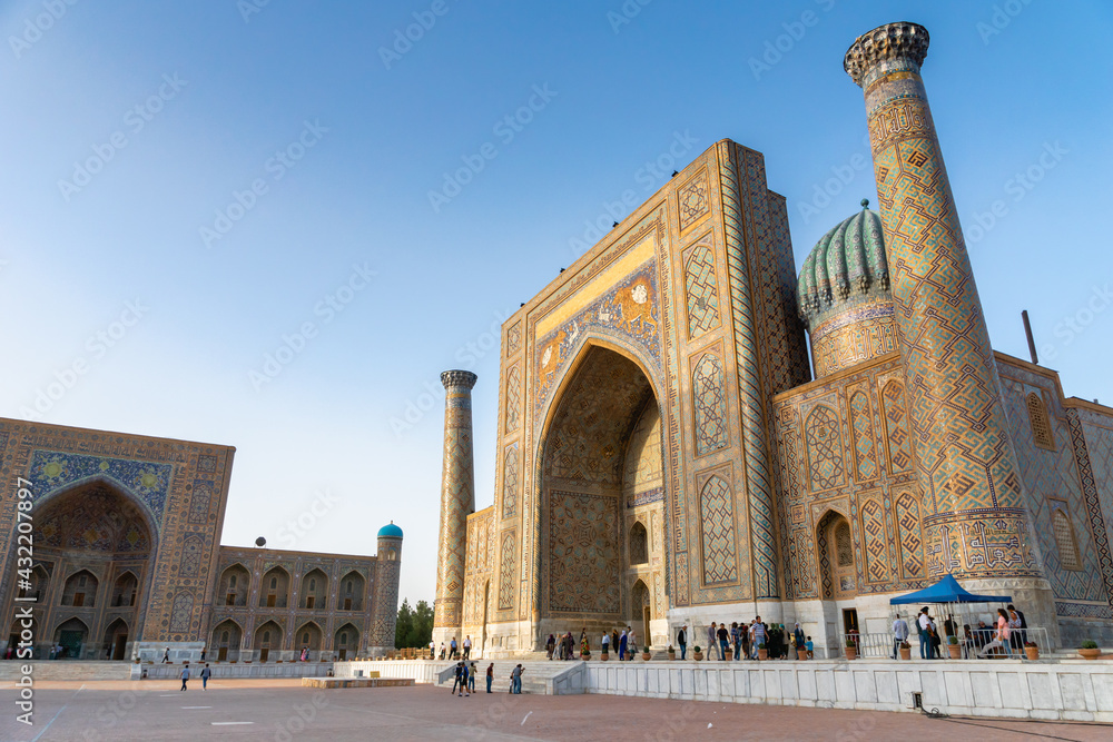 The Registan square architecture in Samarkand, Uzbekistan. Registan is famous for its beautiful architecture and colorful mosaic decoration.
