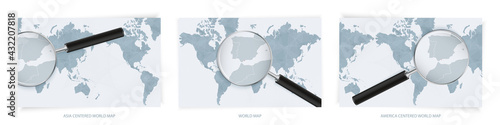 Blue Abstract World Maps with magnifying glass on map of Gibraltar with the national flag of Gibraltar. Three version of World Map.