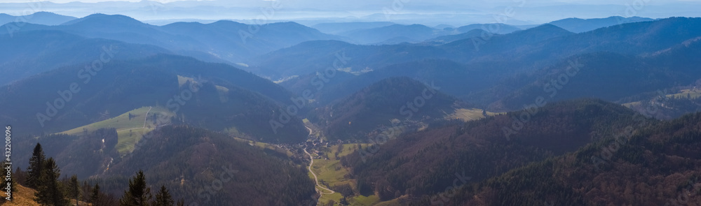 City of Schoenau viewed from the Belchen Mountain in autumn, in the Black Forest, Southwest Germany