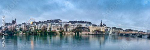 Wide view of the Switzerland promenade of the city of Basel with buildings from the old town, at christmas time