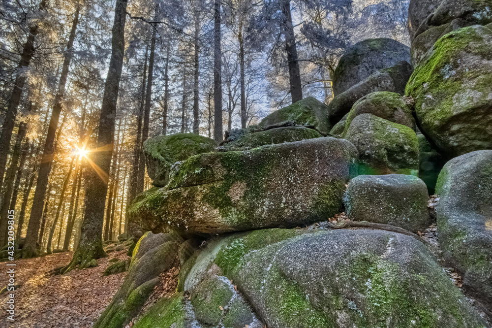 Close by the Guenterfelsen, frozen mossy rocks, the Brend Way, in the Black Forest, Southwest Germany Close by the Guenterfelsen, frozen mossy rocks, the Brend Way, in the Black Forest, Southwest Germany