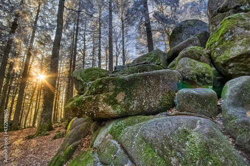 Close by the Guenterfelsen, frozen mossy rocks, the Brend Way, in the Black Forest, Southwest Germany