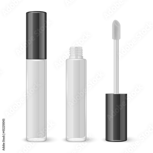 Vector 3d Realistic Closed, Opened White Lip Gloss, Lipstick Package, Black Lid Set Isolated on White. Glass Container, Tube, Lid, Brush. Plastic Transparent Bottle Design Template, Mockup. Front View