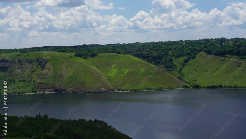 panoramic view on green hills on river banks. Ukraine, Bakota, panoramic video panoramic view on green hills on river banks. Ukraine, Bakota, panoramic video