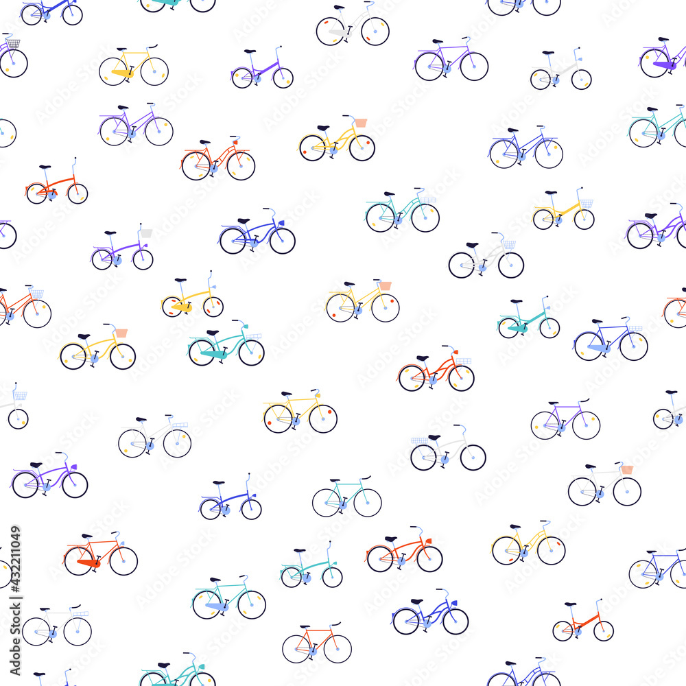 Sparse seamless pattern with small elements all kinds of city bicycles on the transparent background