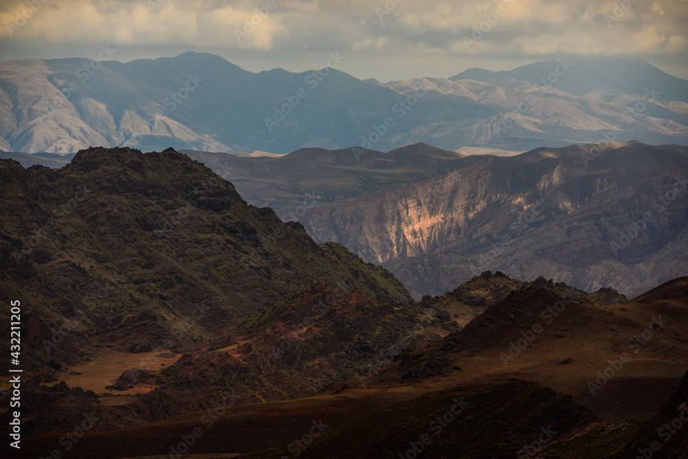 View of the rugged Andean landscape of the Valle Encantado, or Enchanted Valley, Cuesta del Obispo, Salta Province, northwest Argentina	