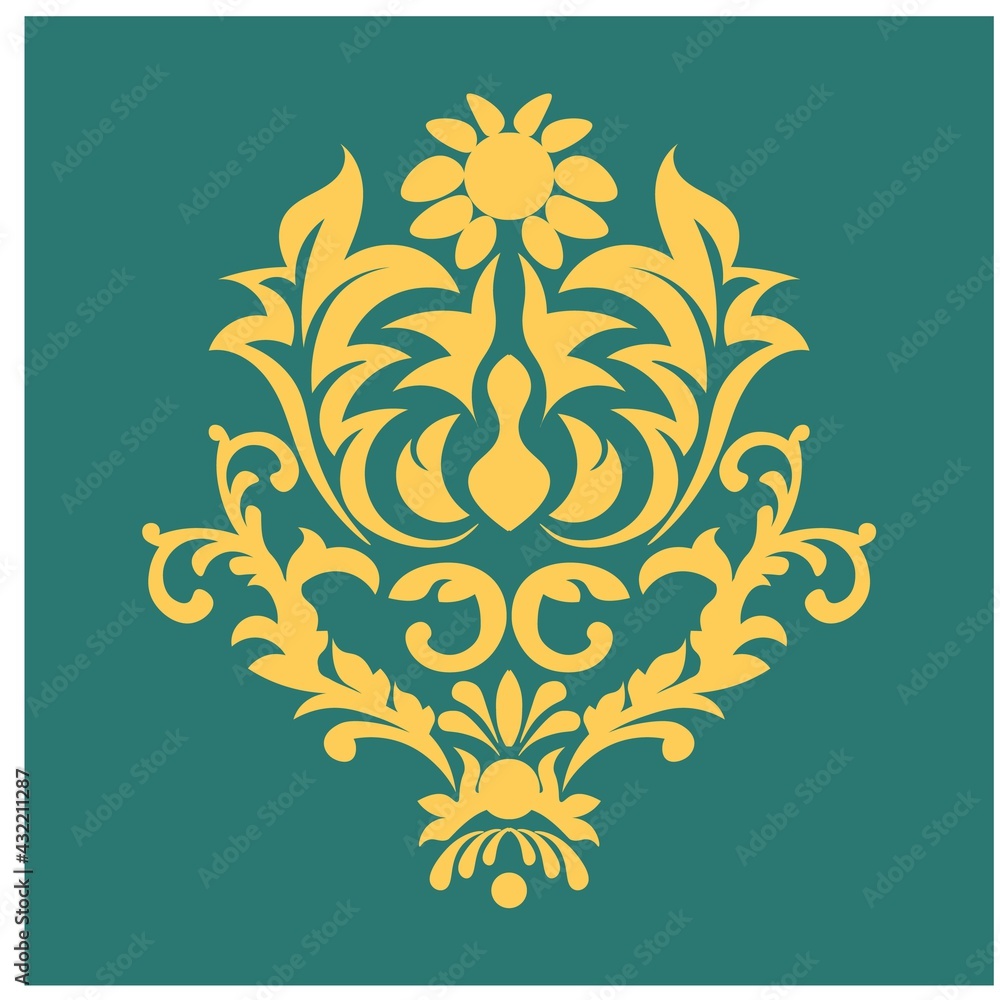 Black damask element in classic style on white background. Royal template. Silhouette vector. Vector pattern. Royal damask element for print design.