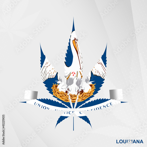 Flag of Louisiana in Marijuana leaf shape. The concept of legalization Cannabis in Louisiana.