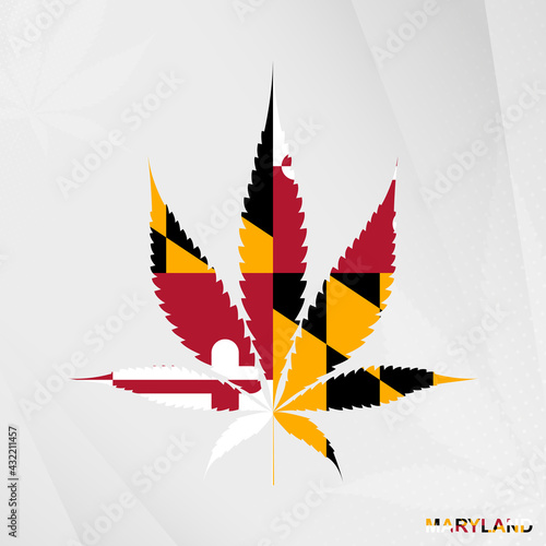 Flag of Maryland in Marijuana leaf shape. The concept of legalization Cannabis in Maryland.
