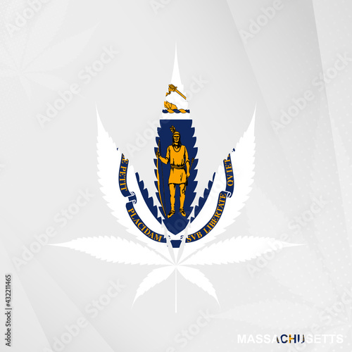 Flag of Massachusetts in Marijuana leaf shape. The concept of legalization Cannabis in Massachusetts.