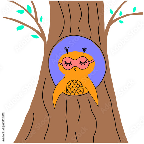 Hand drawn owl sitting in hollow of tree, hollowed out old tree and cute animal cartoon character inside vector Illustration on a white background