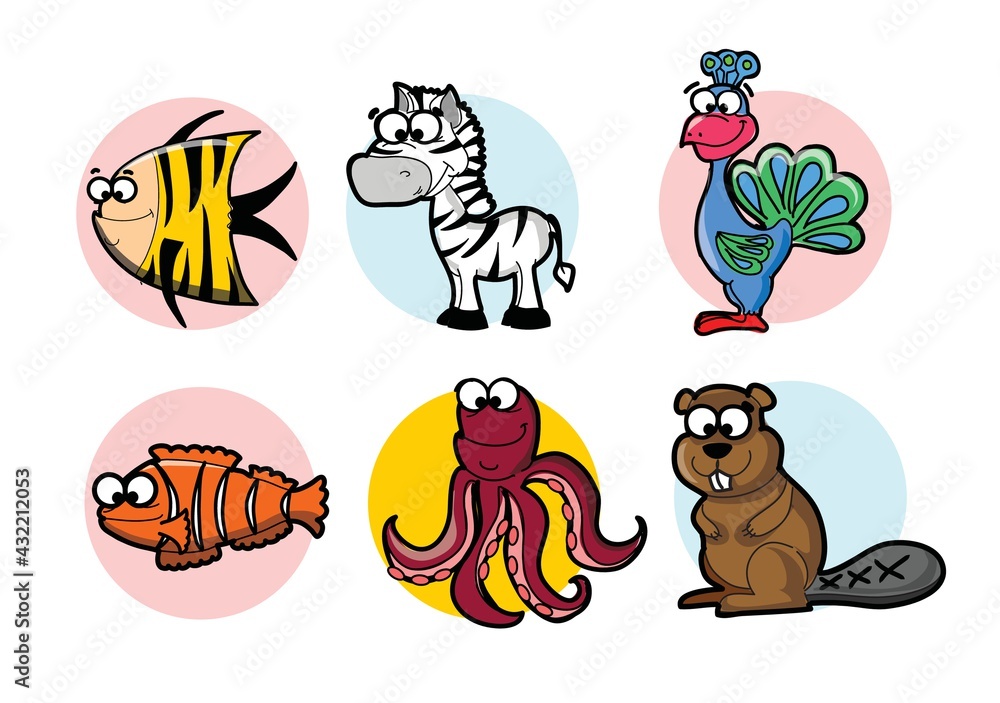 Fototapeta premium Collection of hipster cartoon character animals fish, zebra, turkey