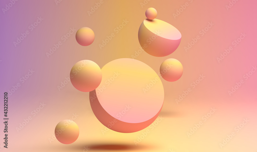 3D rendering of pastel color flying spheres with flat plane for text ot product advertising 3D rendering of pastel color flying spheres with flat plane for text ot product advertising
