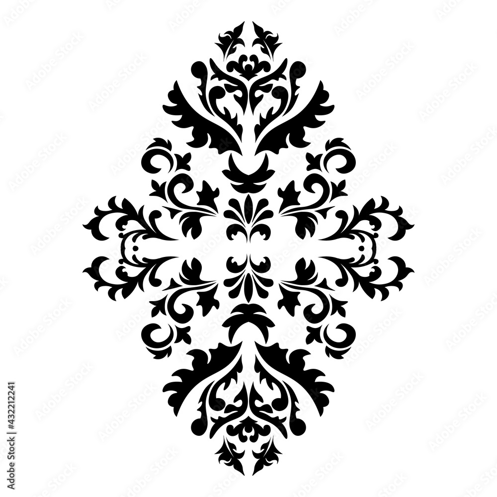 Black damask element in classic style on white background. Royal template. Silhouette vector. Vector pattern. Royal damask element for print design.