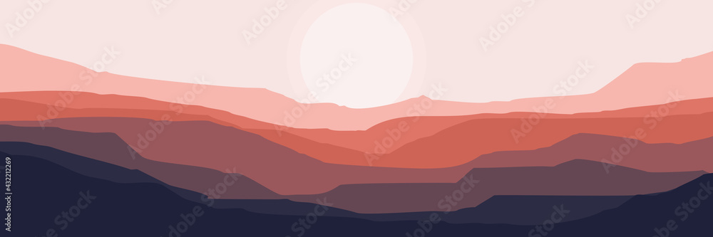 sunrise in the mountain vector flat design illustration for wallpaper, background template template, mountain tourism and adventure design