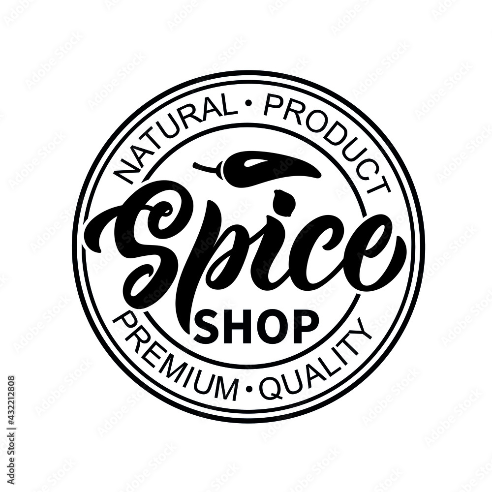 Spice shop logotype with handwritten text. Modern brush calligraphy, hand lettering. Vector illustration, round stamp for spice shop, farm, market, store as logo, icon, sticker, emblem template
