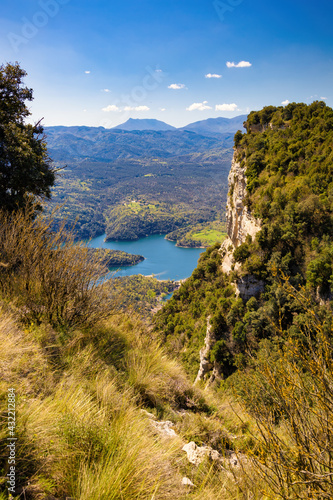 View of a part of the Sau swamp from the Tavertet cliffs. Collsacabra, Osona, Catalonia, Spain